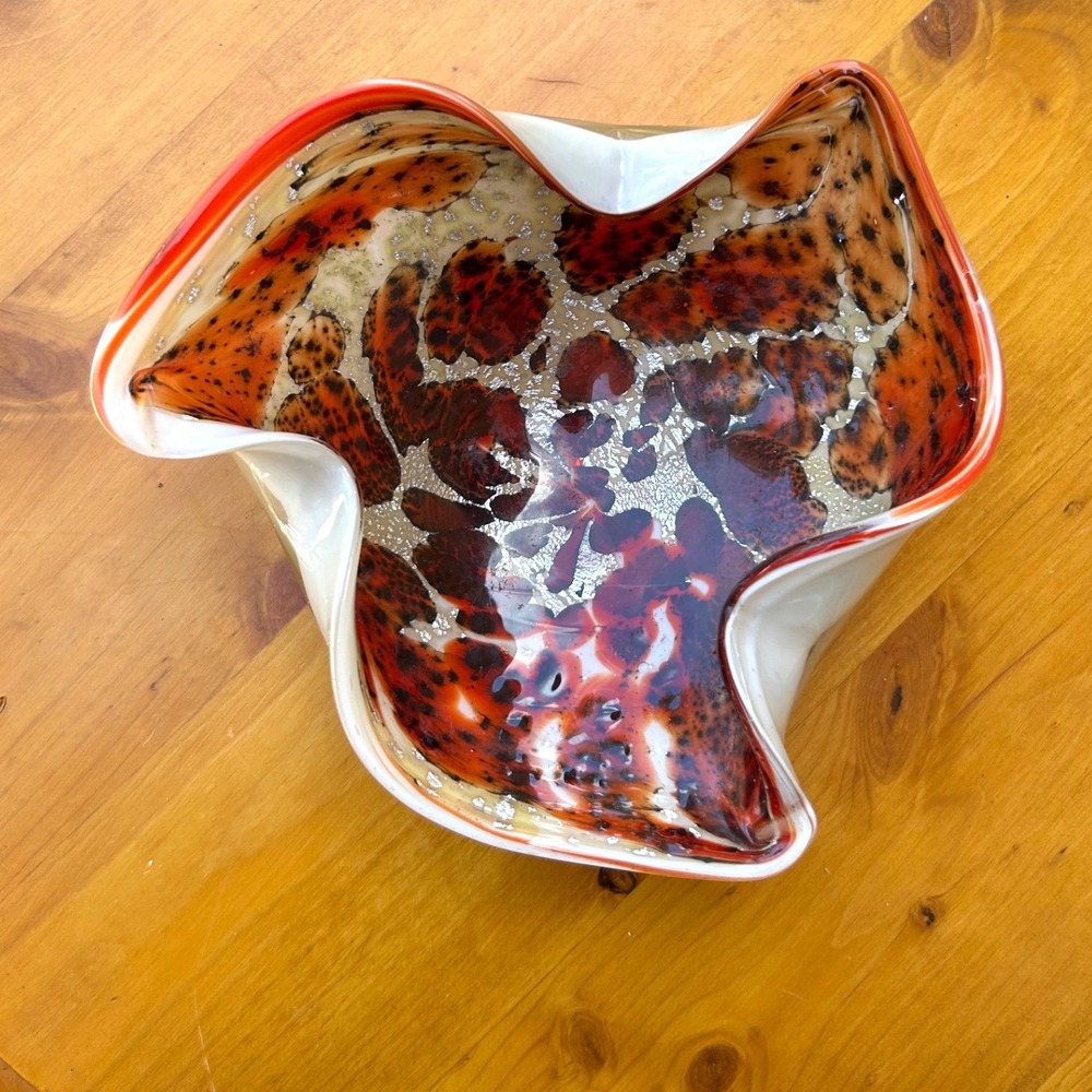 Vintage Murano Tutti Frutti Silver Foil Trefoil Art Glass Candy Dish Italian Red